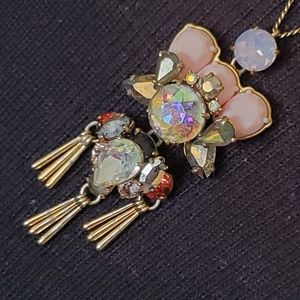 J. Crew brasstone chain necklace with rhinestone cluster pendant, pink bow